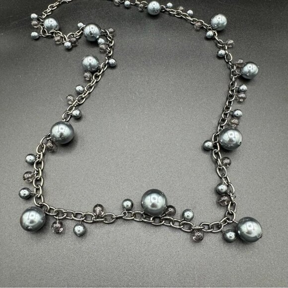 Satin Grey and Gunmetal Chunky Beaded Long Necklace - Picture 7 of 12